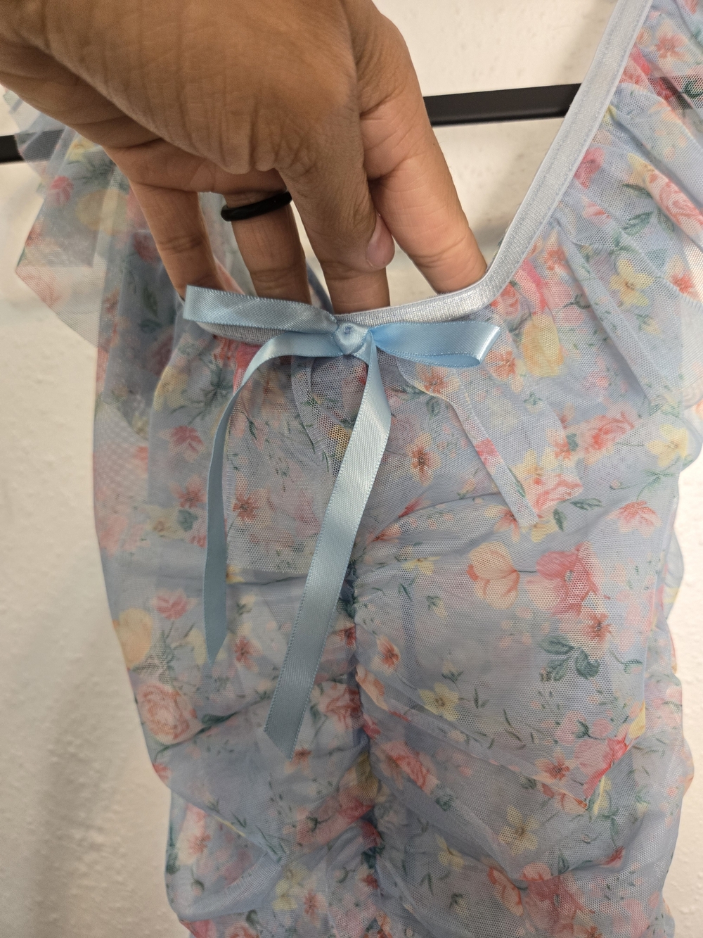 Light Blue Floral Ruffle Ruched Dress Sheer - Picture 2 of 4